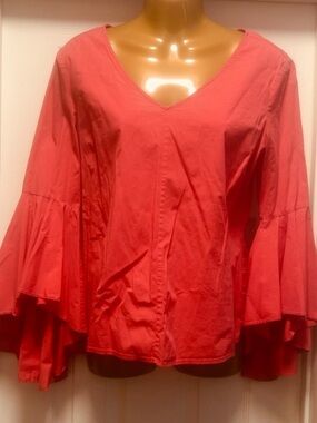 Olivia V-Neck Tiered Bell Sleeve Blouse in Coral (Bin 7-006)